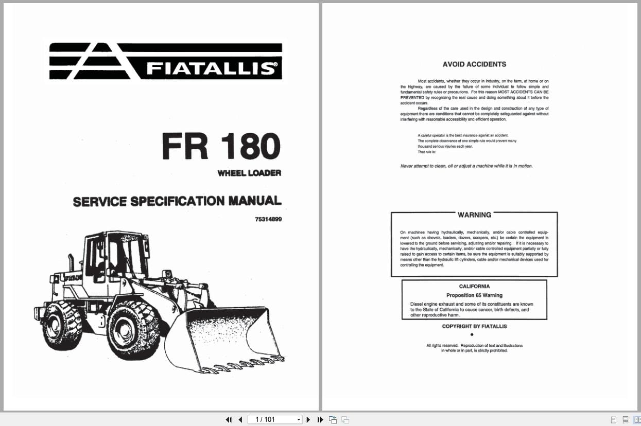 Fiat Allis Wheel Loader FR180 Service Specification Manual 75314899 (1)