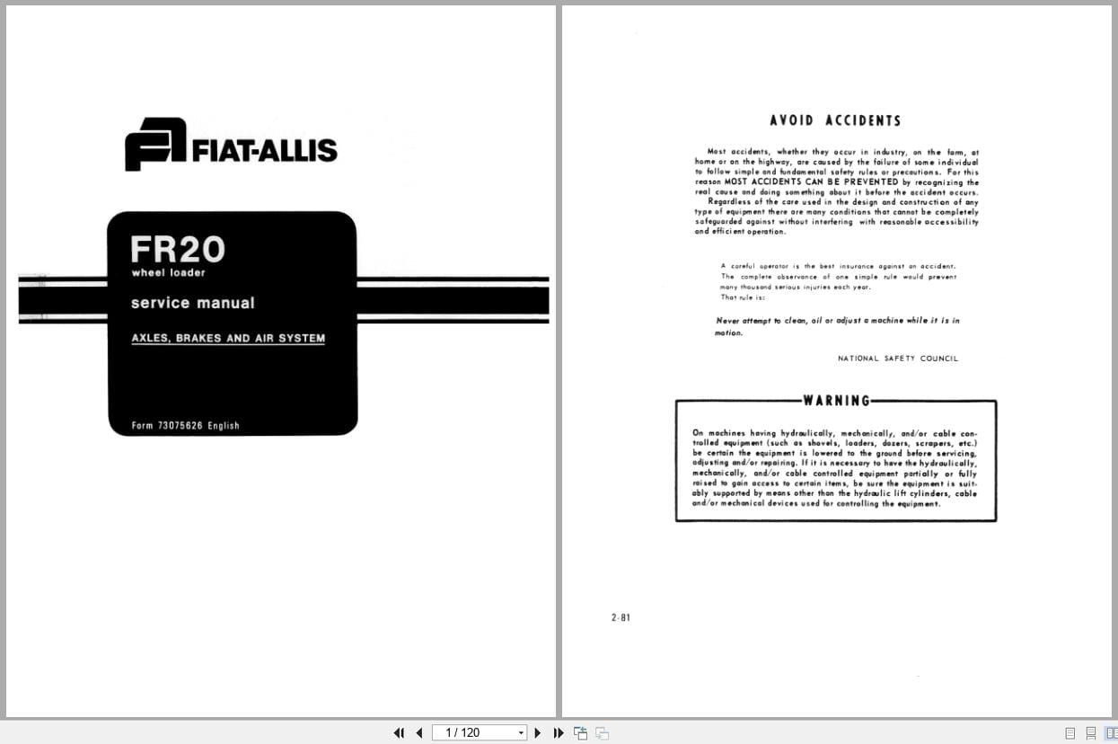 Fiat Allis Wheel Loader FR20 Axles Brakes Air System Service Manual 73075626 (1)