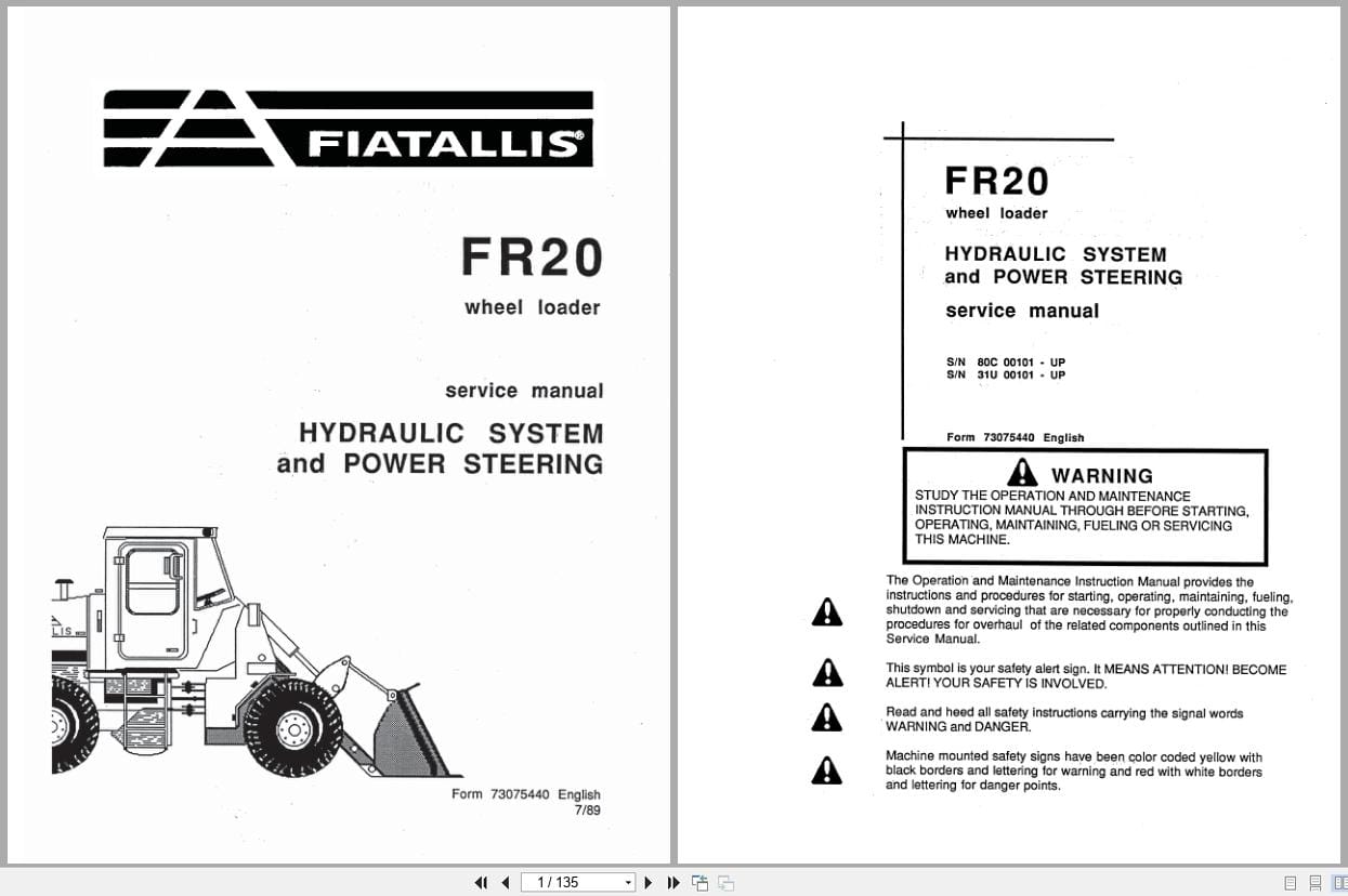 Fiat Allis Wheel Loader FR20 Hydraulic System Power Steering Service Manual 73075440 (1)