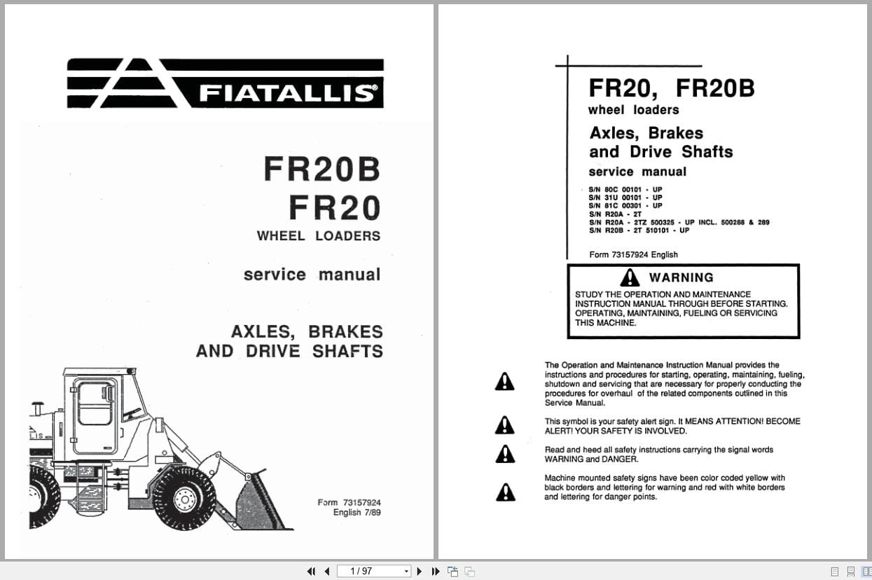 Fiat Allis Wheel Loader FR20B FR20 Axles Brakes Drive Shaft Service Manual 73157924 (1)