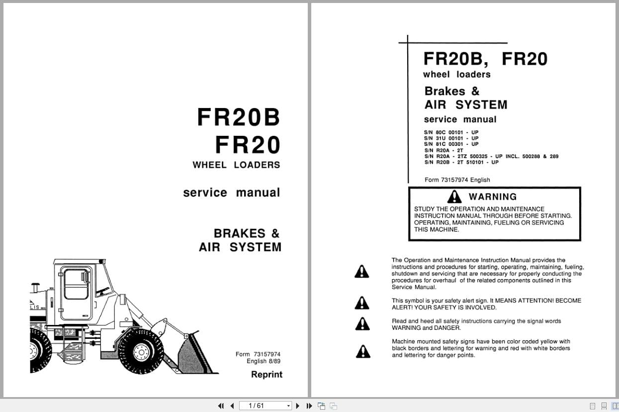 Fiat Allis Wheel Loader FR20B FR20 Brakes and Air System Service Manual 73157974 (1)