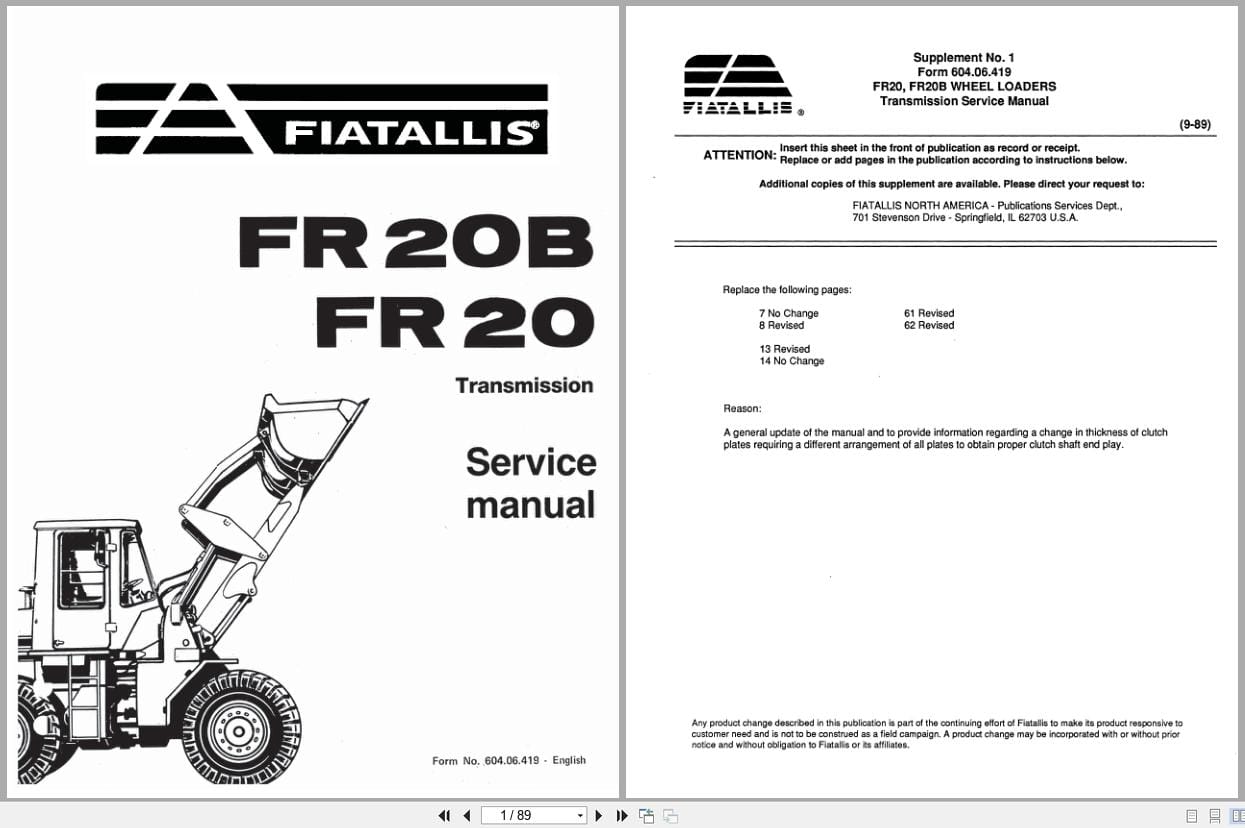 Fiat Allis Wheel Loader FR20B FR20 Transmission Service Manual 60406419 (1)