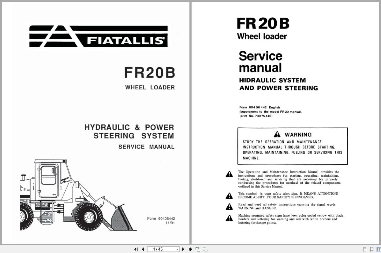 Fiat Allis Wheel Loader FR20B Hydraulic Power Steering System Service Manual 60406442 (1)
