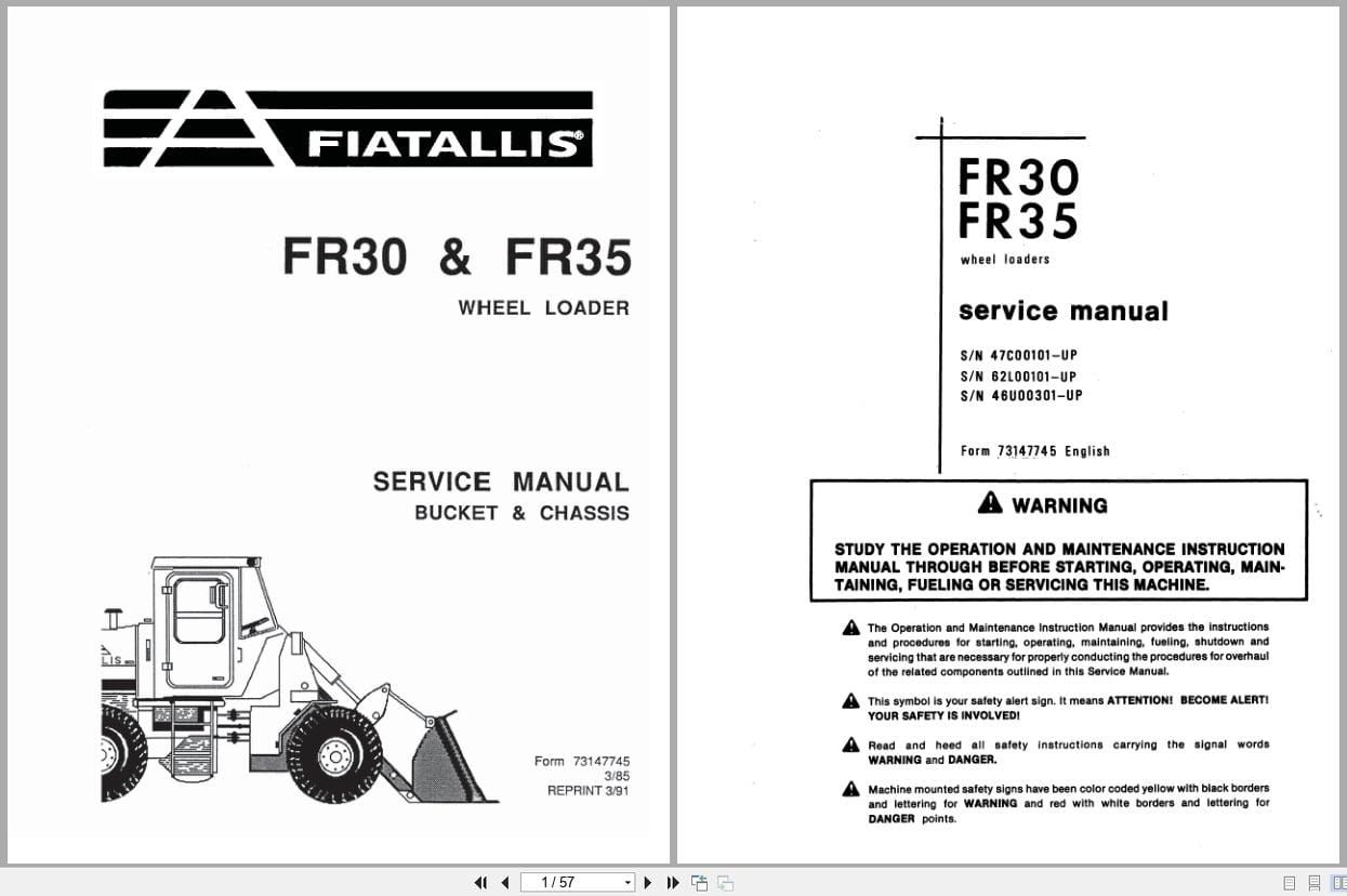 Fiat Allis Wheel Loader FR30 FR35 Bucket and Chassis Service Manual 73147745 (1)