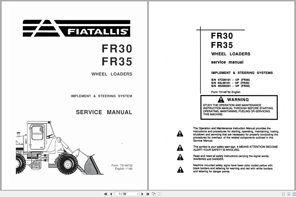 Fiat Allis Wheel Loader FR30 FR35 Implement and Steering System Service Manual 73148732 (1)