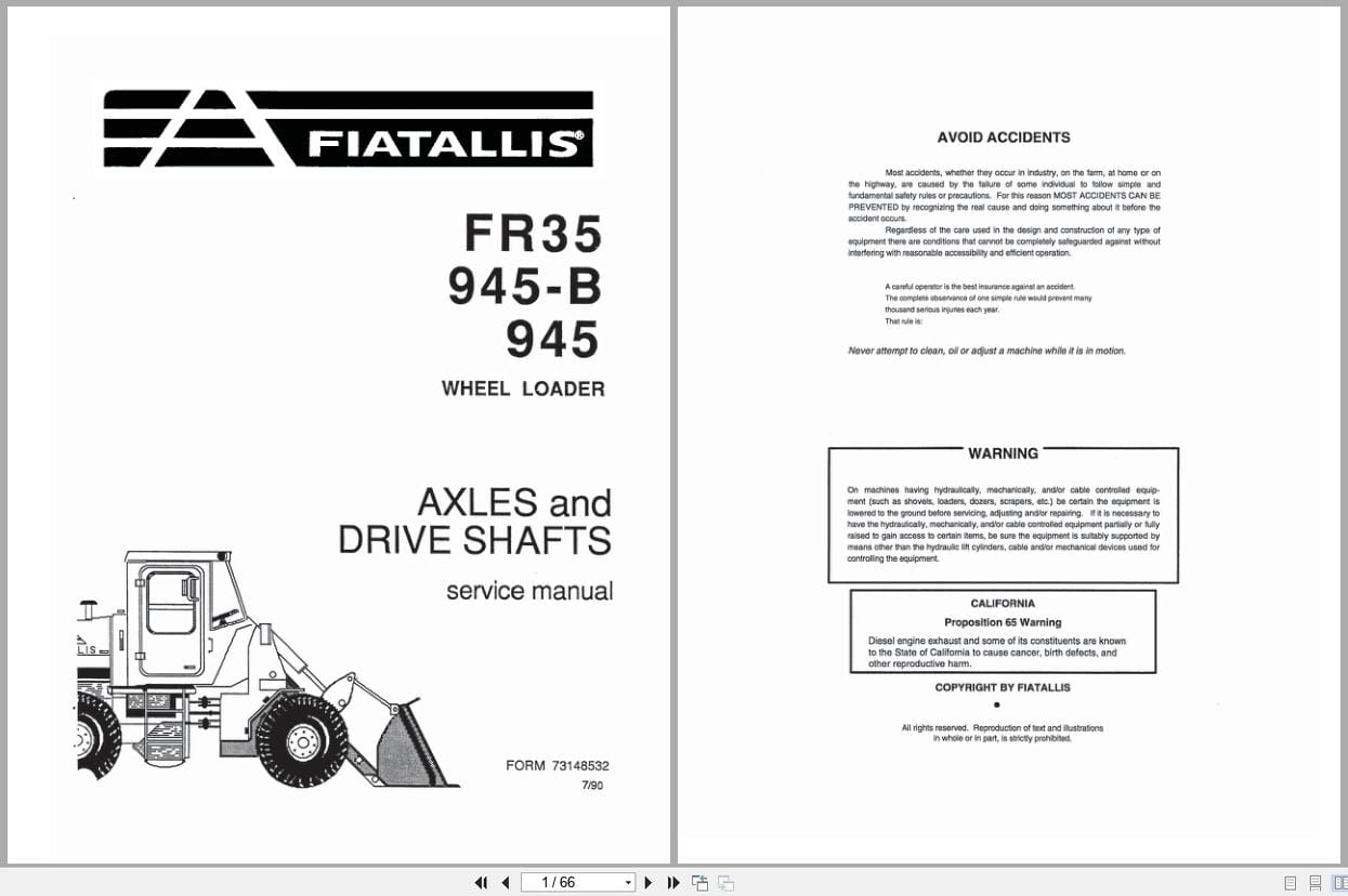 Fiat Allis Wheel Loader FR35 FR945 B FR945 Axles Drive Shafts Service Manual 73148532 (1)