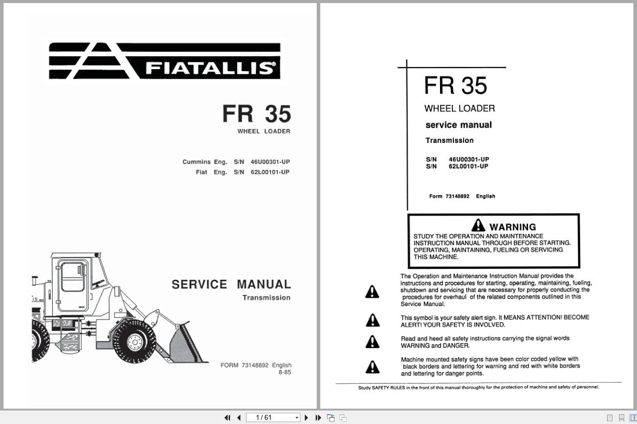 Fiat Allis Wheel Loader FR35 Transmission Service Manual 73148892 (1)