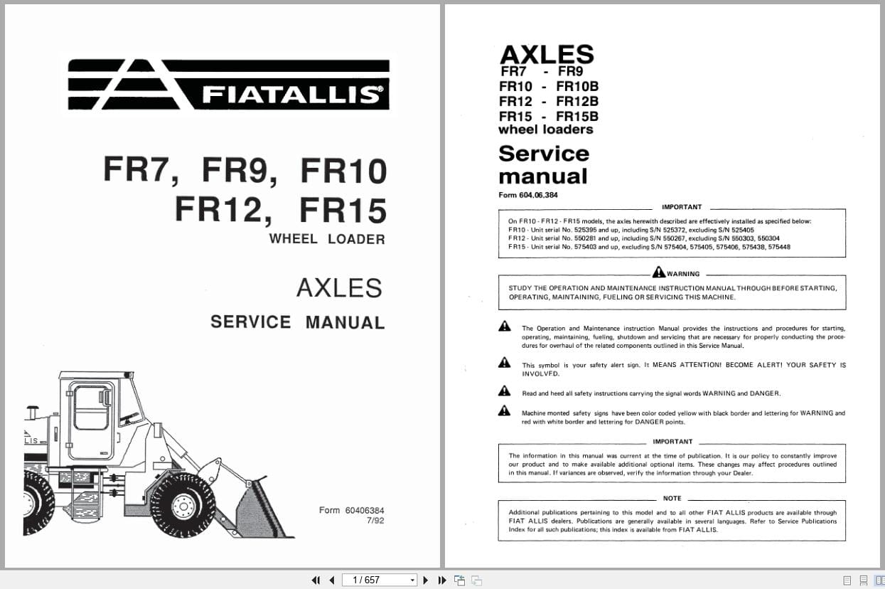 Fiat Allis Wheel Loader FR7 to FR15 Axles Service Manual 60406384 (1)