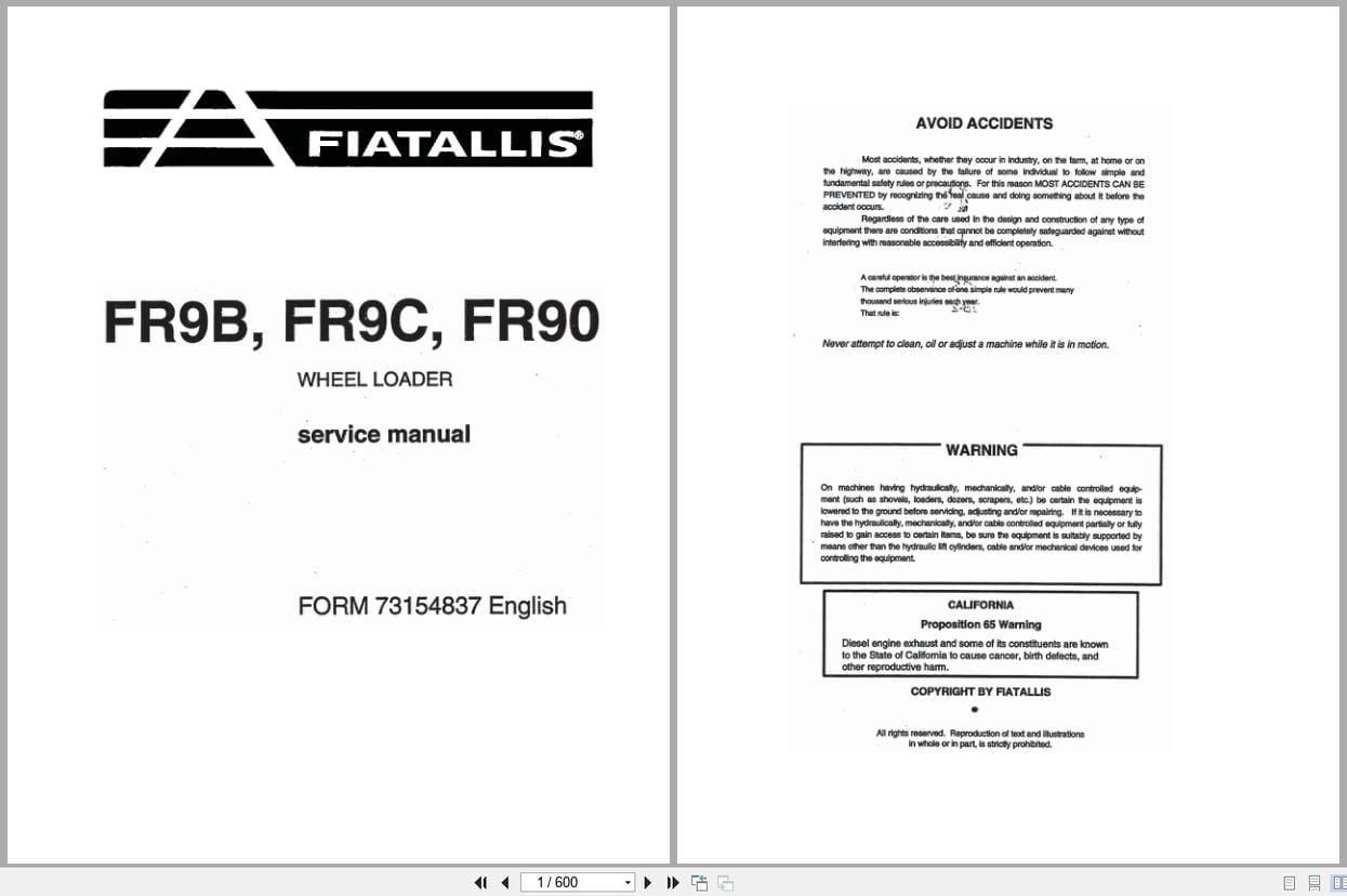 Fiat Allis Wheel Loader FR9B FR9C FR90 Service Manual 73154837 (1)