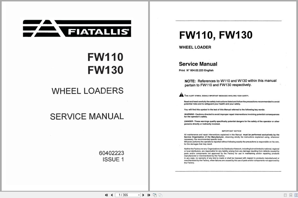 Fiat Allis Wheel Loader FW110 FW130 Service Manual 60402223 (1)