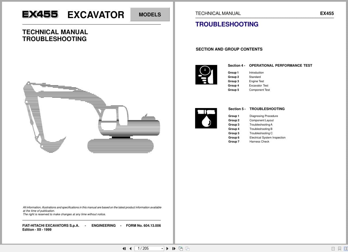 Fiat Hitachi Excavator EX455 Troubleshooting Technical Manual 60413006 (1)