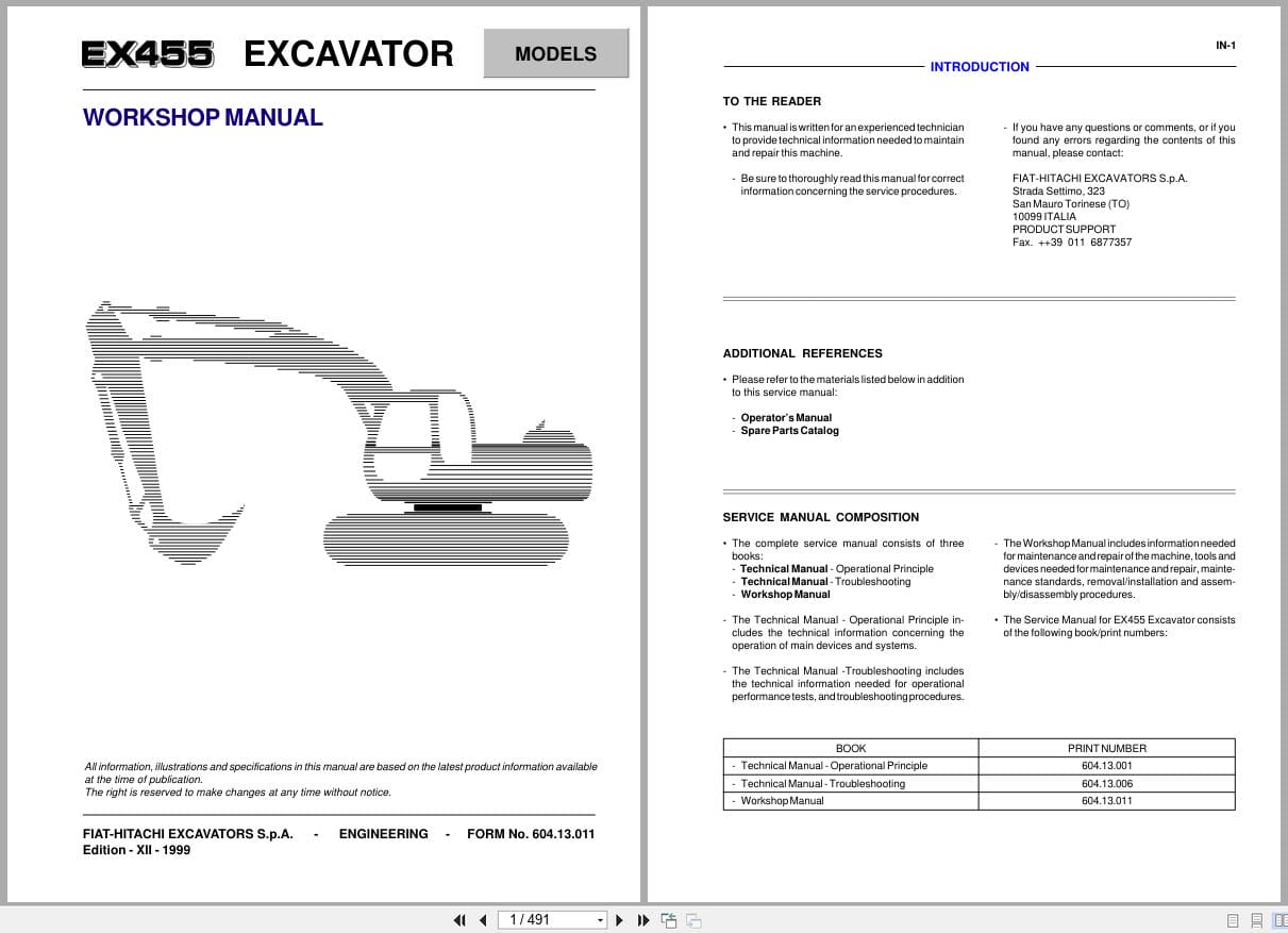 Fiat Hitachi Excavator EX455 Workshop Manual 60413011 (1)