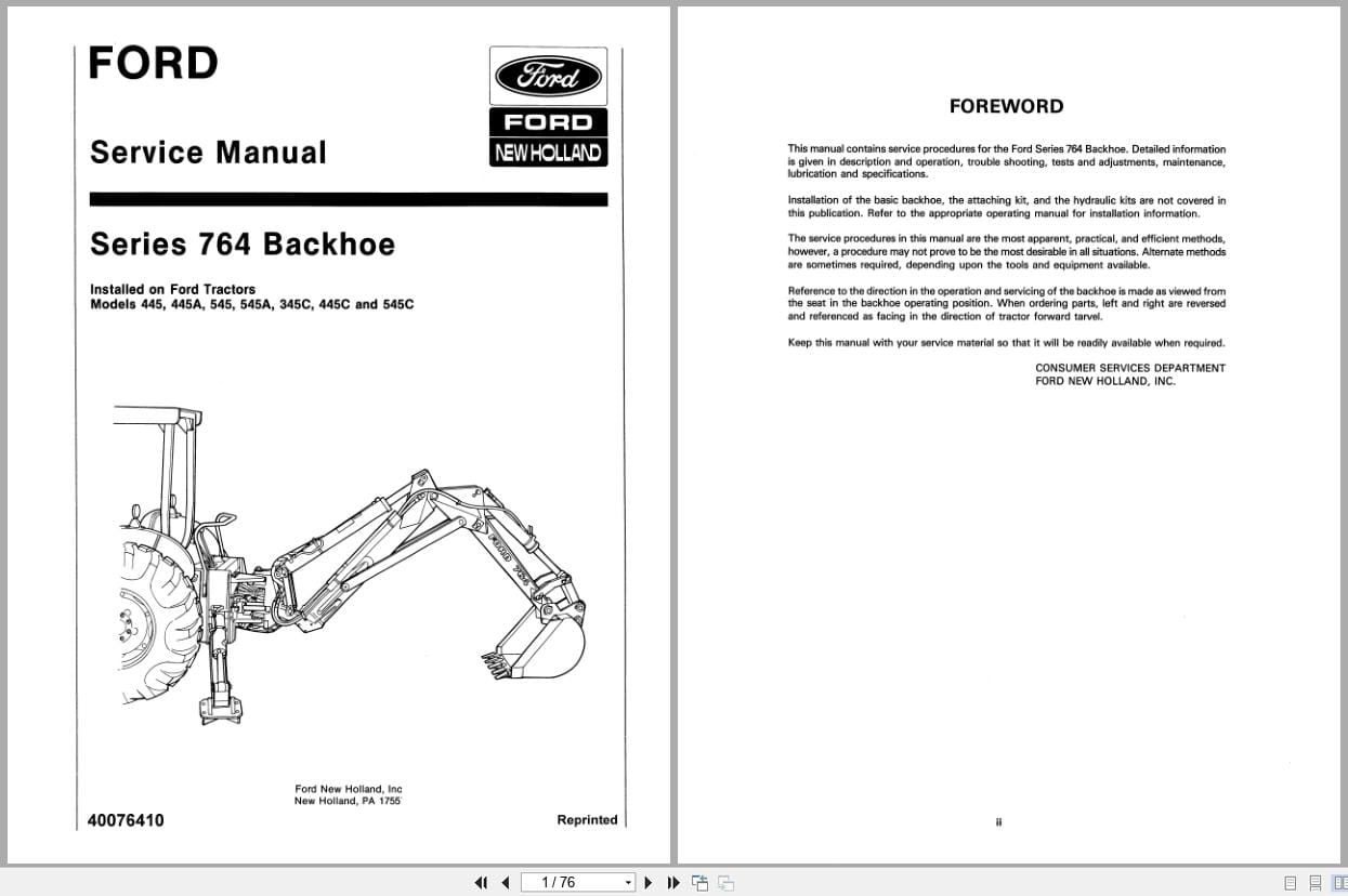 Ford Backhoe Series 764 Service Manual 40076410 (1)