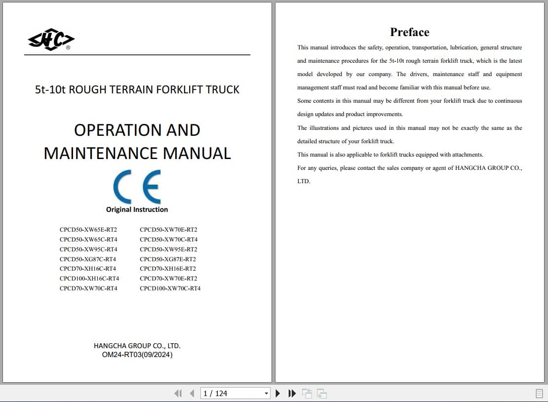 Hangcha 5.0t 10t CPCD50 XW65E RT2 to CPCD100 XW70C RT4 Operation Maintenance Manual 2024 EN (1)