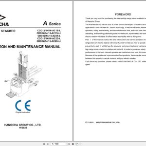 Hangcha A Series 1.2t 1.6t CDD12 AC1S L to CDD16 AC2S LI Operation Maintenance Manual 2022 EN (1)