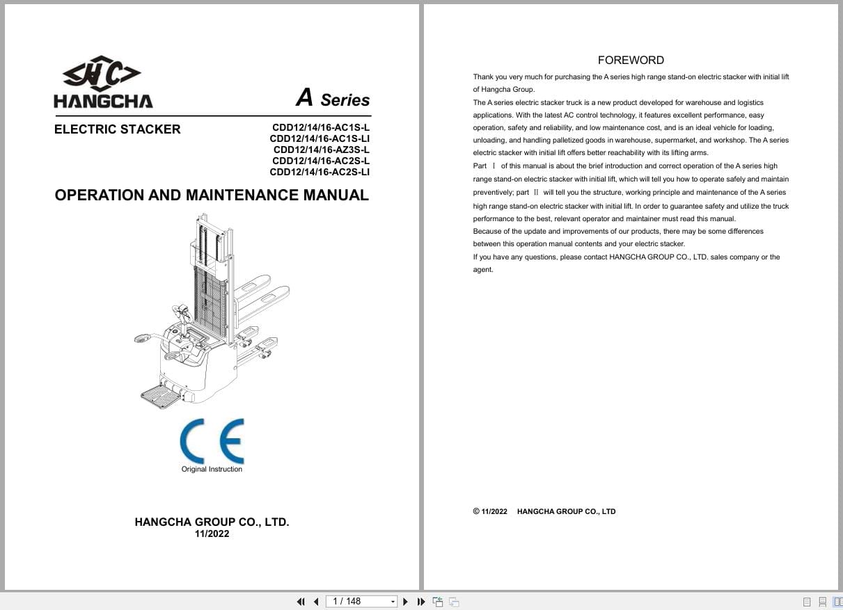 Hangcha A Series 1.2t 1.6t CDD12 AC1S L to CDD16 AC2S LI Operation Maintenance Manual 2022 EN (1)