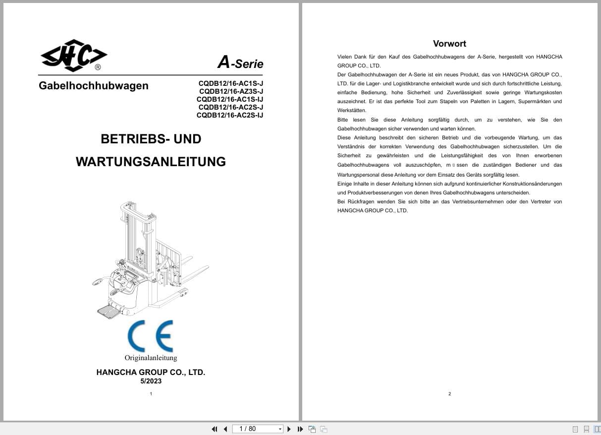 Hangcha A Series 1.2t 1.6t CQDB12 AC1S J to CQDB16 AC2S IJ Operation Maintenance Manual 2023 DE (1)