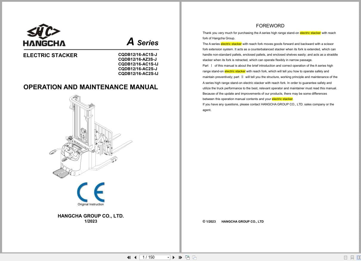 Hangcha A Series 1.2t 1.6t CQDB12 AC1S J to CQDB16 AC2S IJ Operation Maintenance Manual 2023 EN (1)