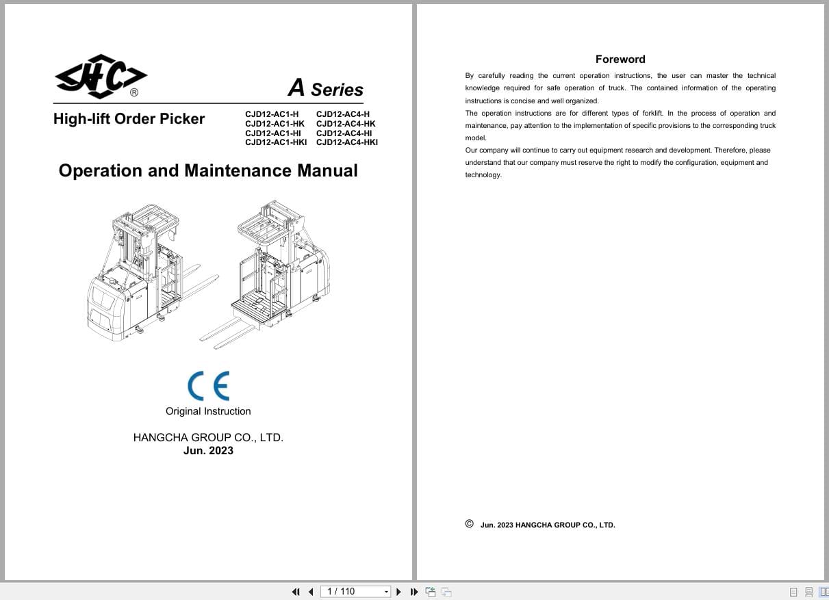 Hangcha A Series 1.2t CJD12 AC1 H to CJD12 AC4 HKI Operation Maintenance Manual 2023 EN (1)