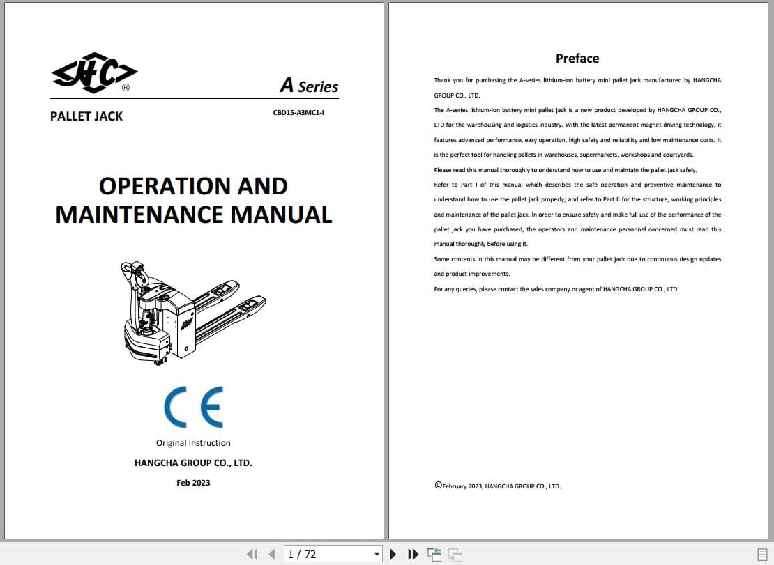 Hangcha A Series 1.5t CBD15 A3MC1 I Operation Maintenance Manual 2023 EN (1)