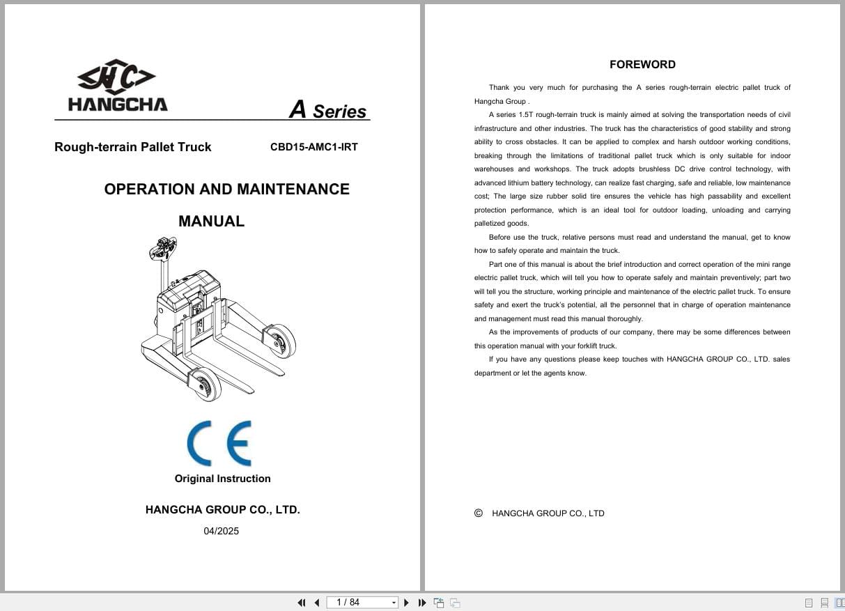 Hangcha A Series 1.5t CBD15 AMC1 IRT Operation Maintenance Manual 2025 EN (1)