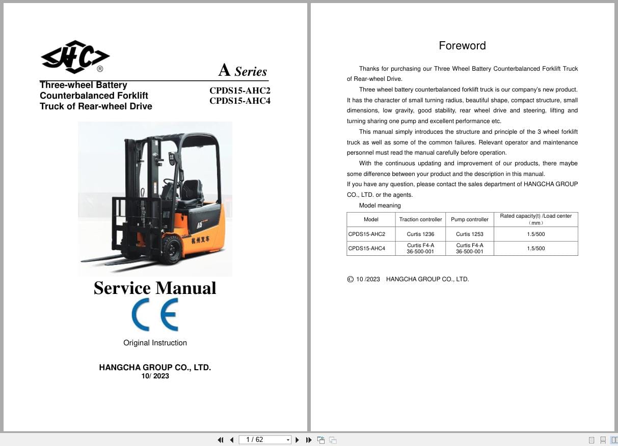 Hangcha A Series 1.5t CPD15 AHC2 CPDS15 AHC4 Service Manual 2023 EN (1)