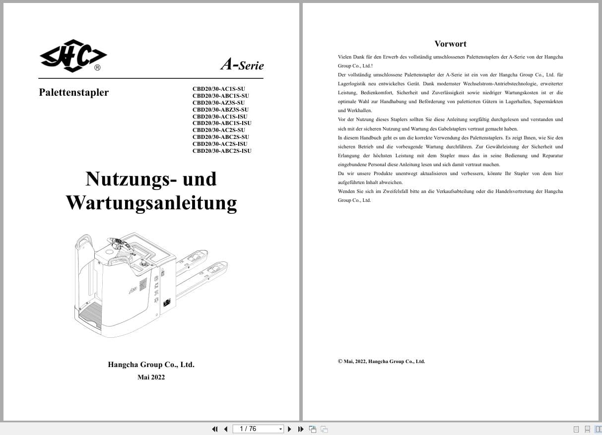 Hangcha A Series 2.0t 3.0t CBD20 AC1S SU to CBD30 ABC2S ISU Operation Maintenance Manual 2022 DE (1)