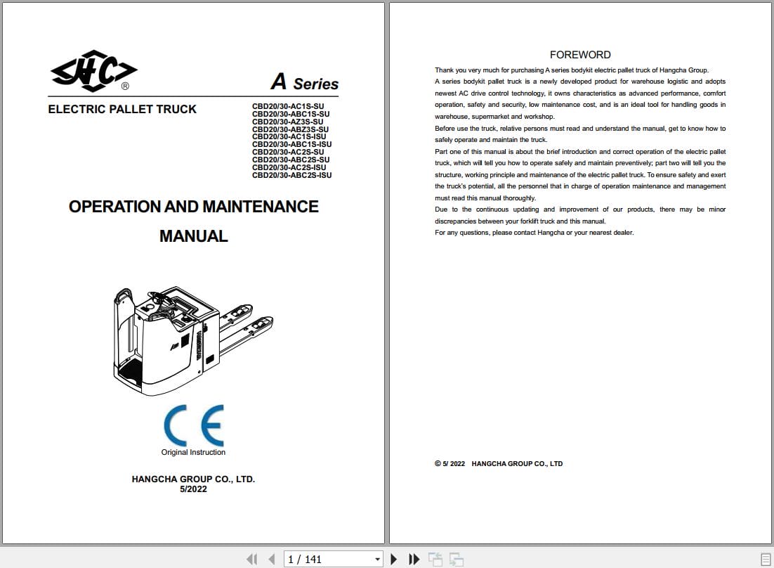 Hangcha A Series 2.0t 3.0t CBD20 AC1S SU to CBD30 ABC2S ISU Operation Maintenance Manual 2022 DE EN (1)