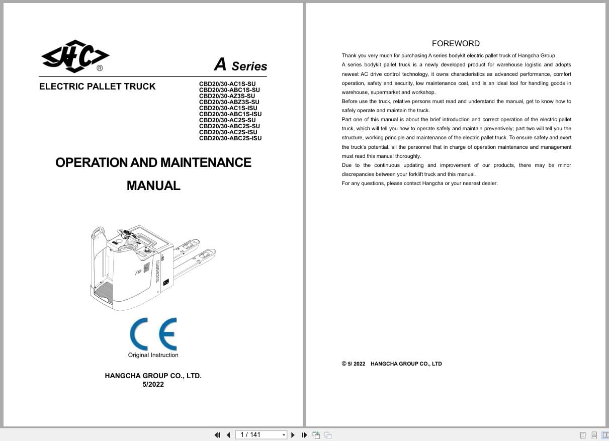 Hangcha A Series 2.0t 3.0t CBD20 AC1S SU to CBD30 ABC2S ISU Operation Maintenance Manual 2022 EN (1)