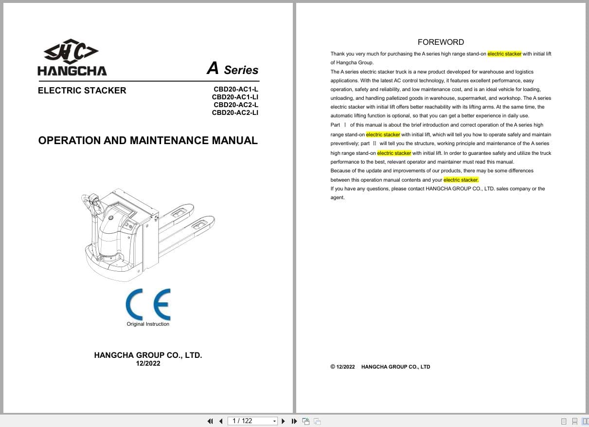 Hangcha A Series 2.0t CBD20 AC1 L to CBD20 AC2 LI Operation Maintenance Manual 2022 EN (1)