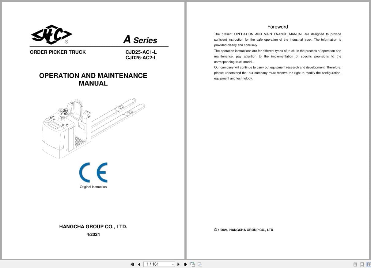 Hangcha A Series 2.5t CJD25 AC1 L CJD25 AC2 L Operation Maintenance Manual 2024 EN (1)