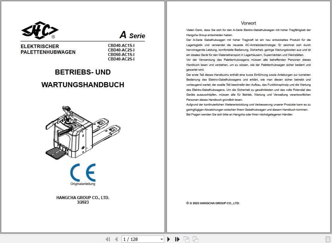 Hangcha A Series 4.0t CBD40 AC1S I to CBD40 AC2S I Operation Maintenance Manual 2023 DE (1)