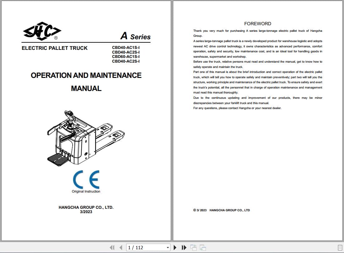 Hangcha A Series 4.0t CBD40 AC1S I to CBD40 AC2S I Operation Maintenance Manual 2023 EN (1)