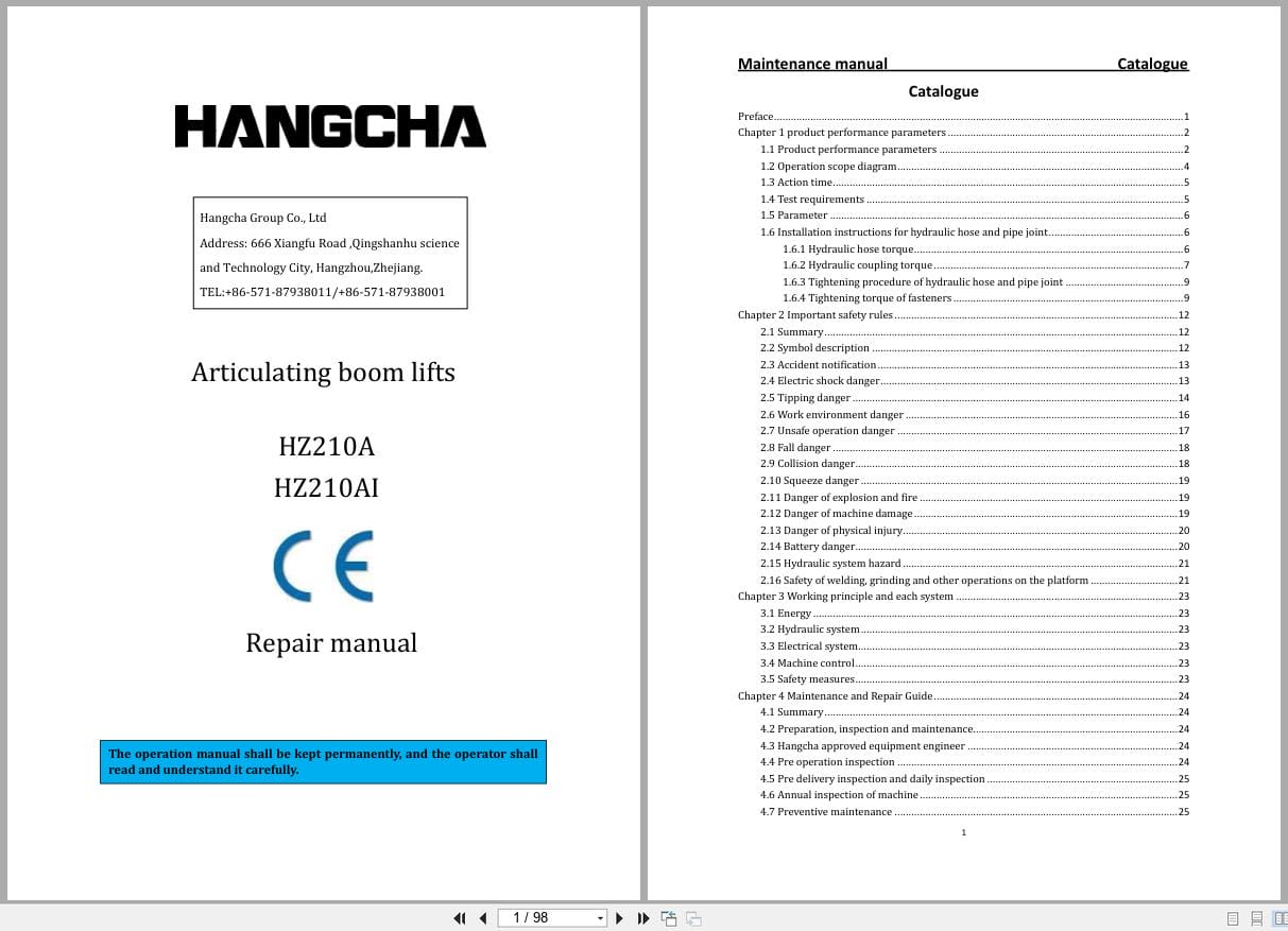 Hangcha Articulating Boom Lifts HZ210A HZ210AI Repair Manual EN (1)