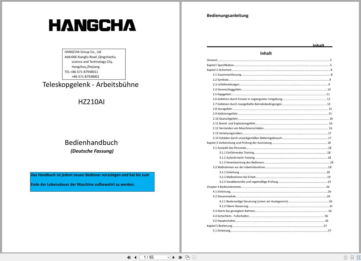 Hangcha Articulating Booms HZ210AI Operating Manual DE (1)