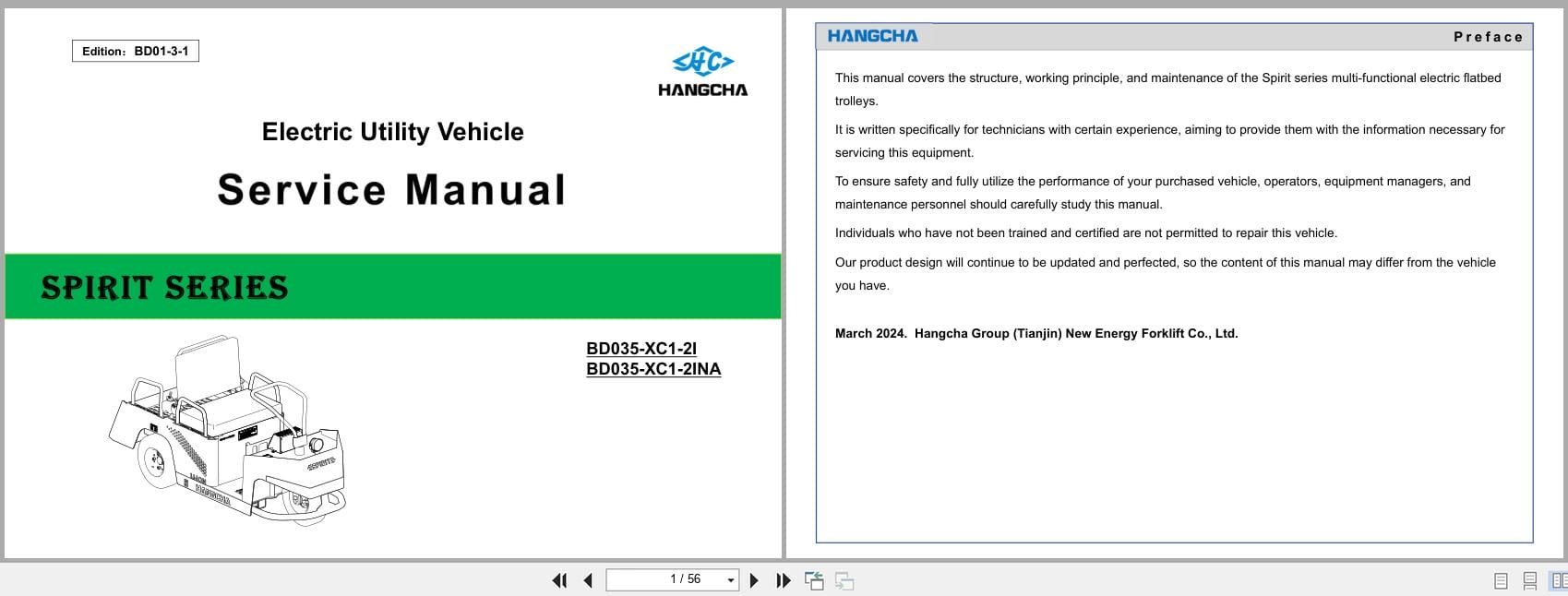 Hangcha Electric Utility Vehicle Spirit Series BD035 XC1 SI BD035 XC1 2INA Service Manual EN (1)