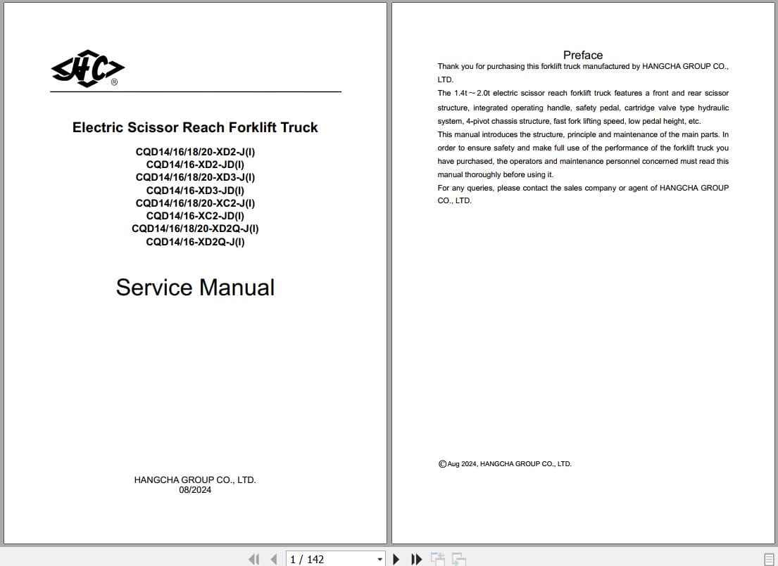 Hangcha Reach Truck 1.4t 2.0t CQD14 XD2 to CQD20 XC2 J Service Manual 2024 EN (1)