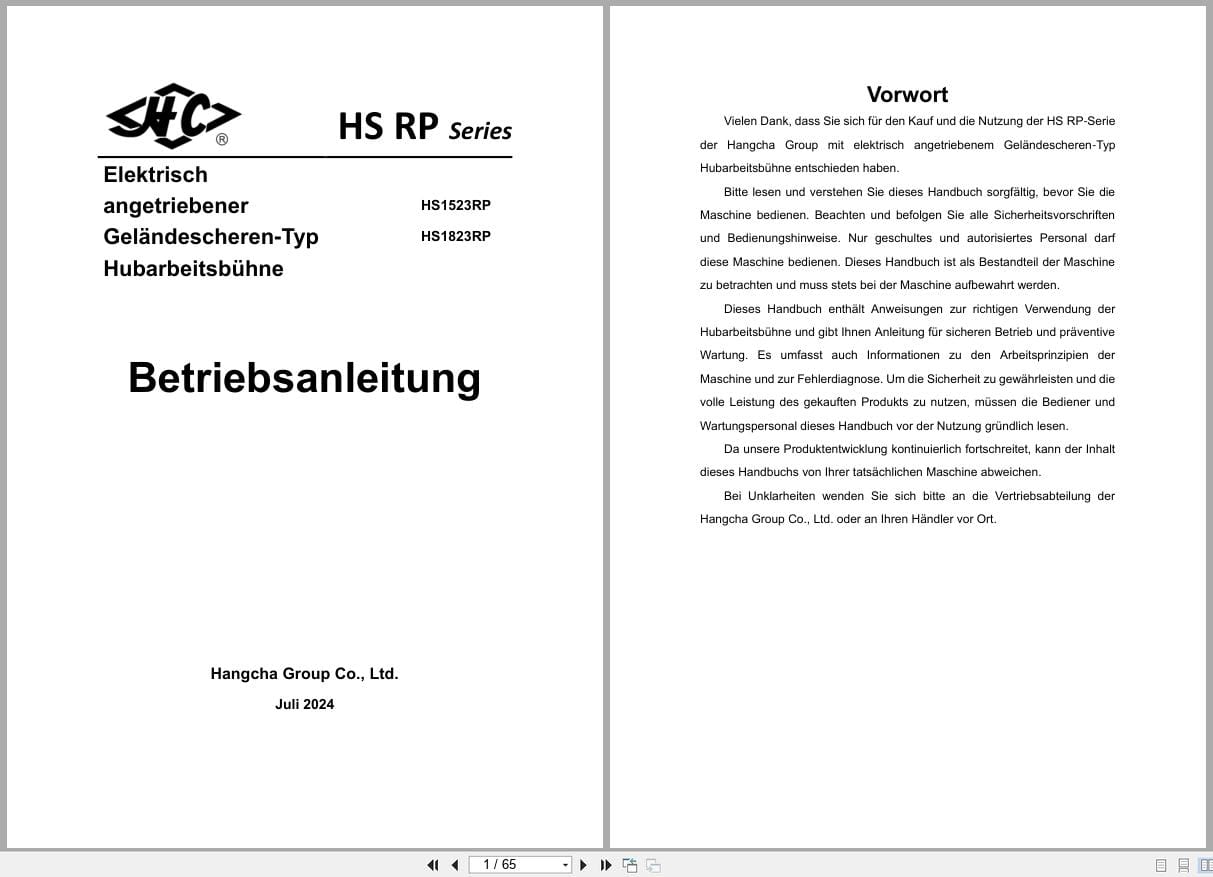 Hangcha Scissor Lifts HS RP Series HS1523RP HS1823RP Operating Instructions 2024 DE (1)