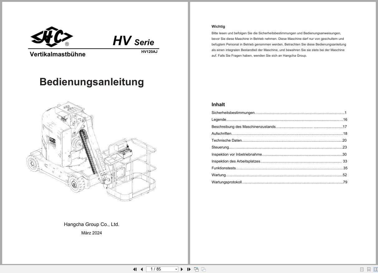 Hangcha Vertical Mast Lift HV Series HV120AJ Operating Instructions 2024 EN (1)