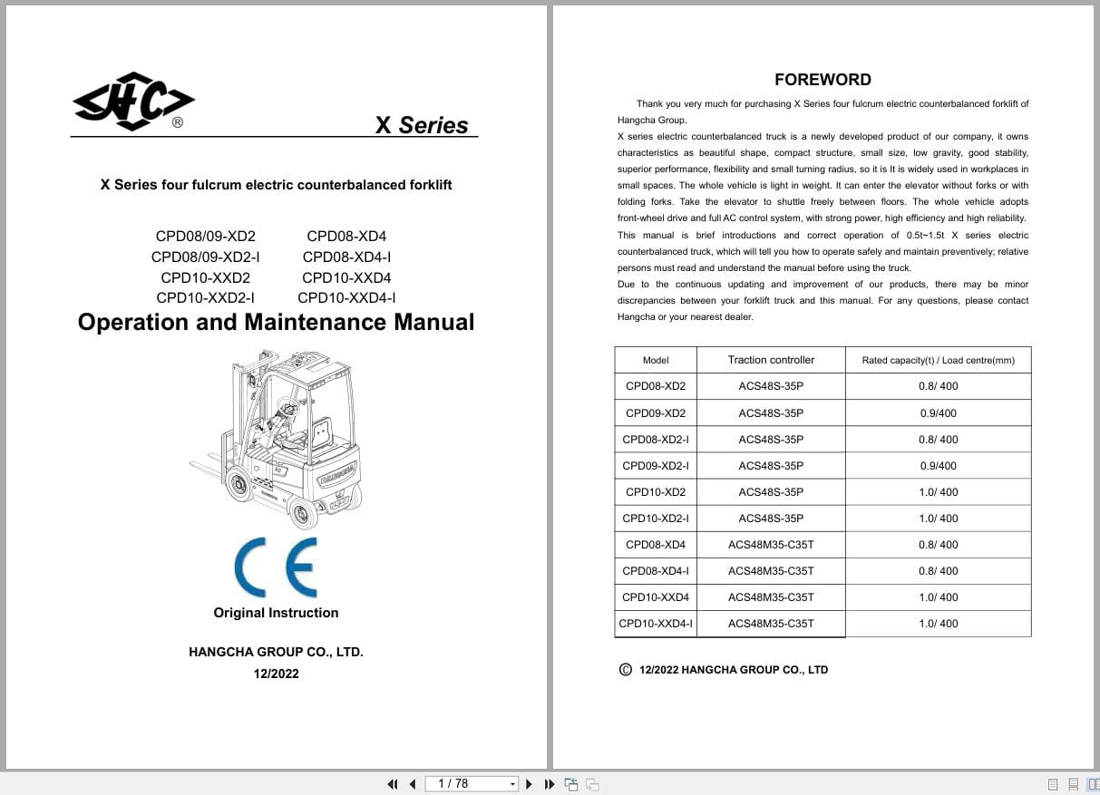 Hangcha X Series 0.8t 1.0t CPD08 XD2 to CPD10 XXD4 I Operation Maintenance Manual 2022 EN (1)