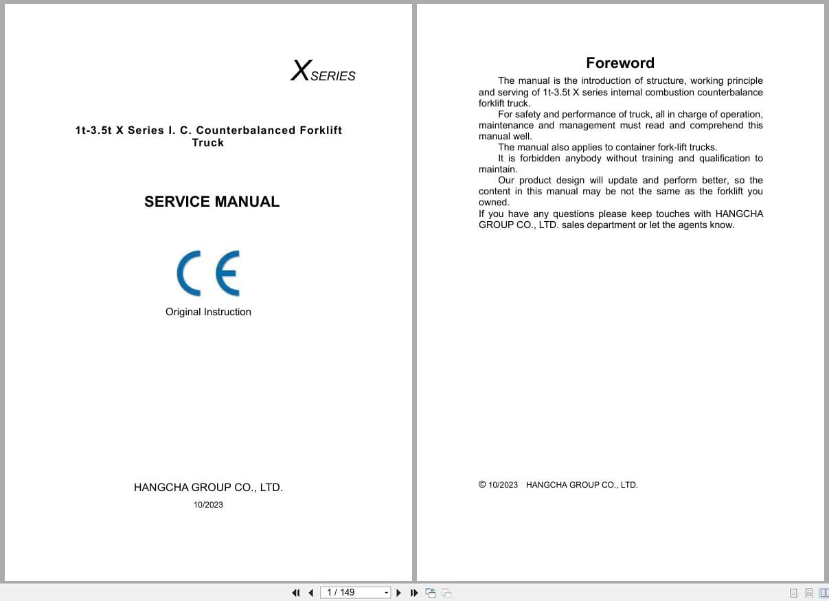 Hangcha X Series 1.0t 3.5t CPQD10 XRW21 to CPQYD35 XRW22F Service Manual 2023 EN (1)