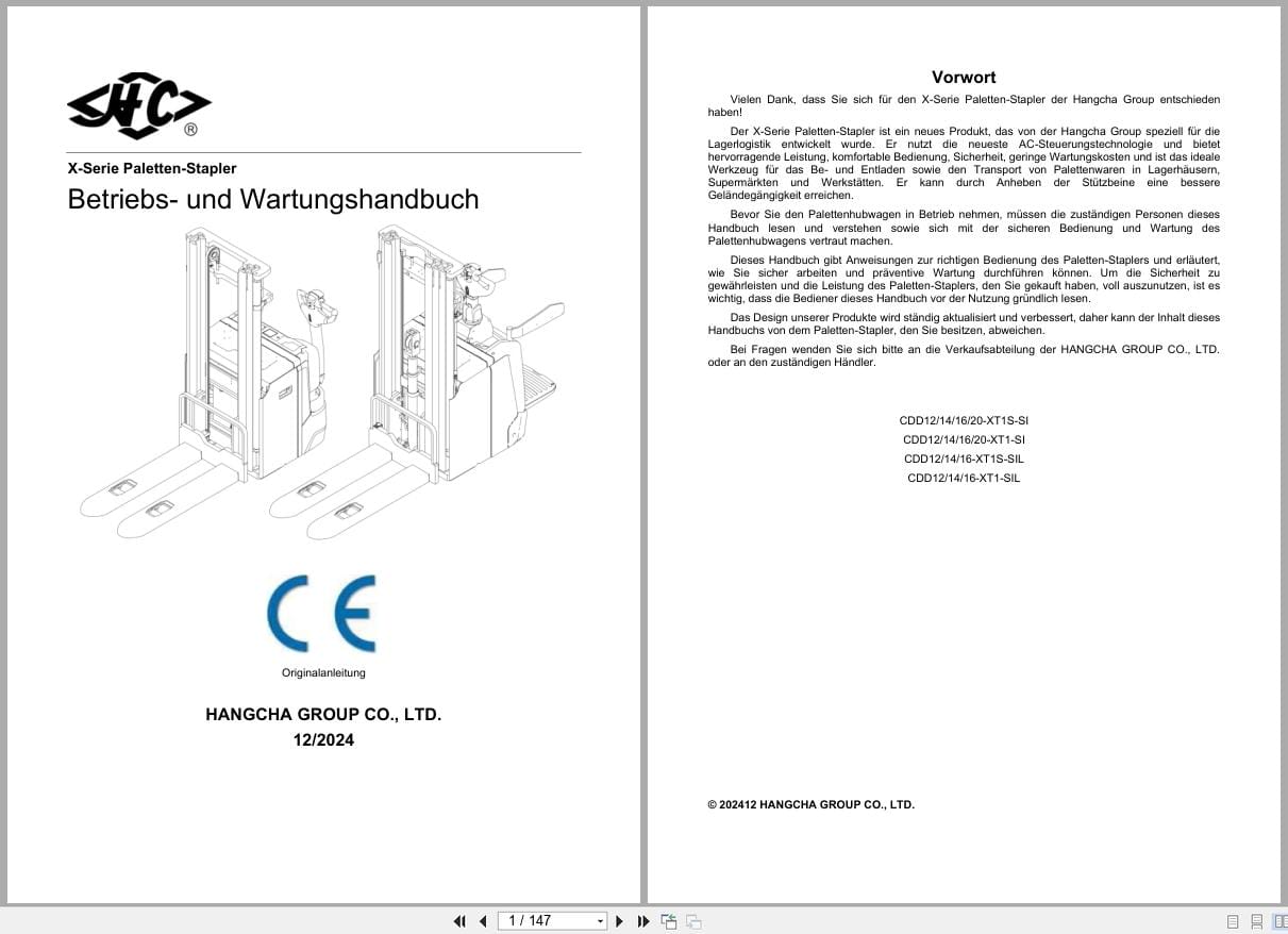Hangcha X Series 1.2t 2.0t CDD12 XT1S SI to CDD20 XT1S SI Operation Maintenance Manual 2024 DE (1)