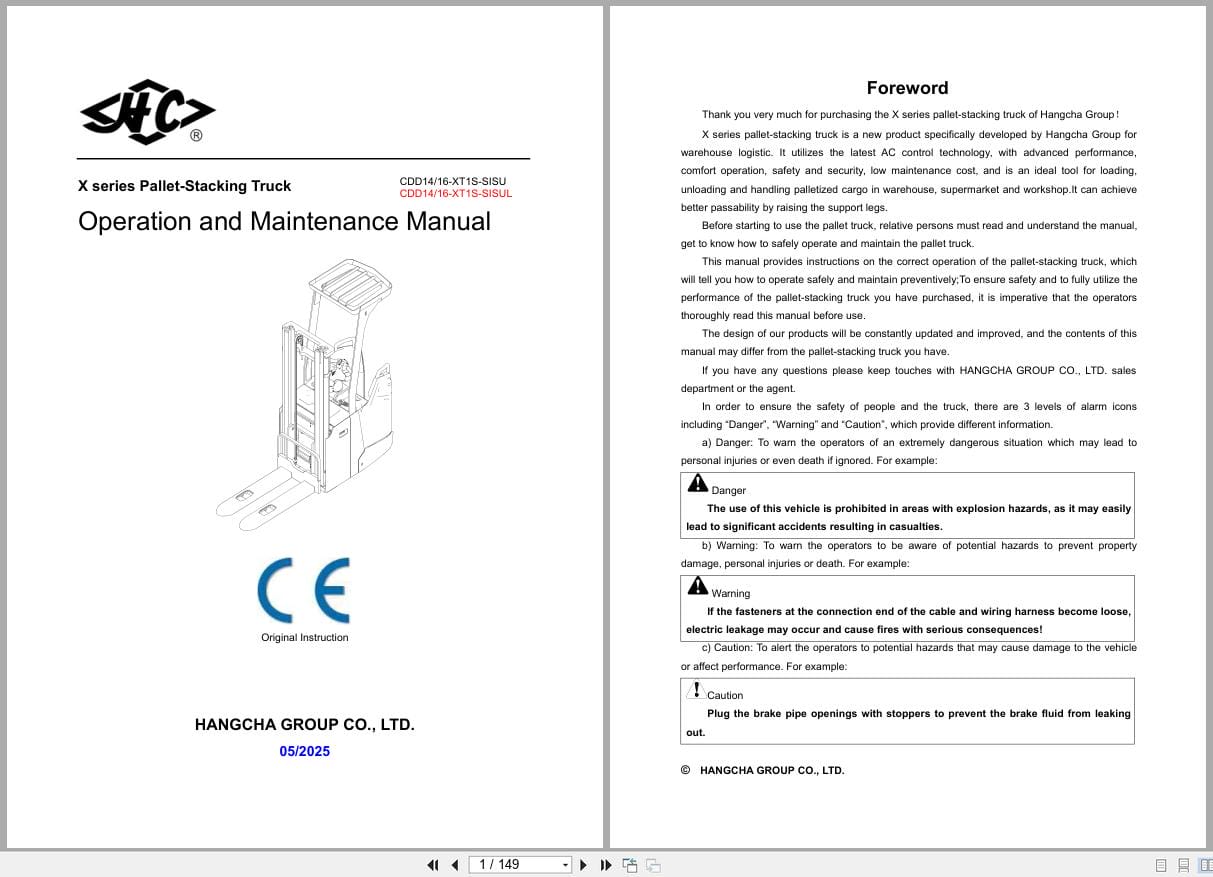 Hangcha X Series 1.4t 1.6t CDD14 XT1S SISU to CDD16 XT1 SISUL Operation Maintenance Manual 2025 EN (1)