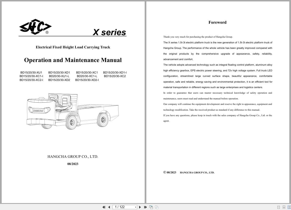 Hangcha X Series 1.5t 3.0t BD15 XU1 to BD30 XD2 I Operation Maintenance Manual 2023 EN (1)