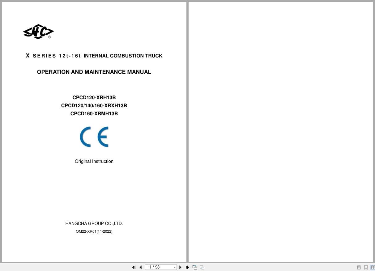 Hangcha X Series 12t 16t CPCD120 XRXH13B to CPCD160 XRXH13B Operation Maintenance Manual 2022 EN (1)