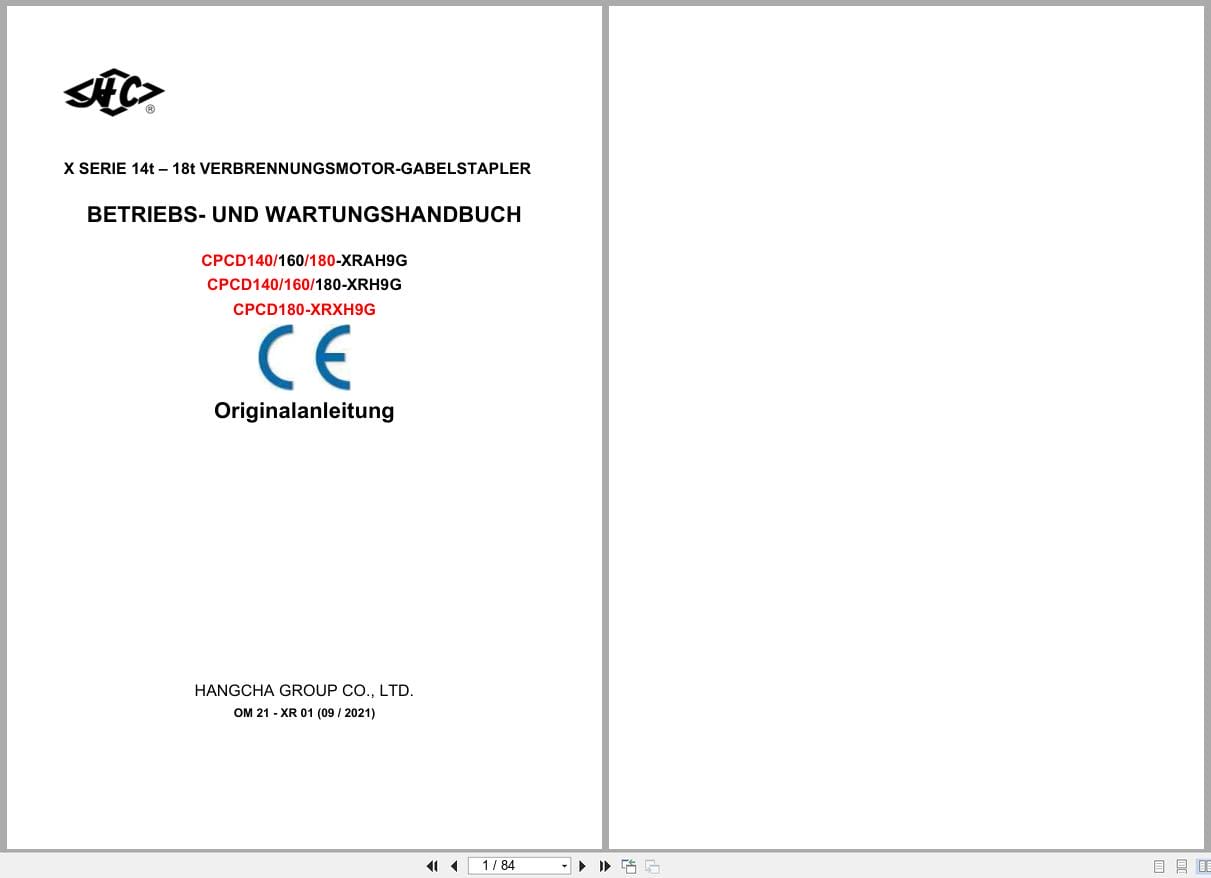 Hangcha X Series 14t 18t CPCD140 XRAH9G to CPCD180 XRXH9G Operation Maintenance Manual 2021 DE (1)