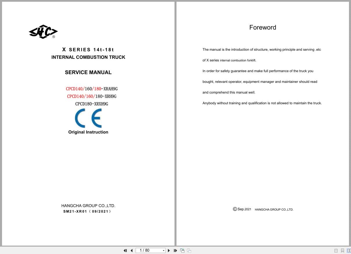 Hangcha X Series 14t 18t CPCD140 XRAH9G to CPCD180 XRXH9G Service Manual 2021 EN (1)