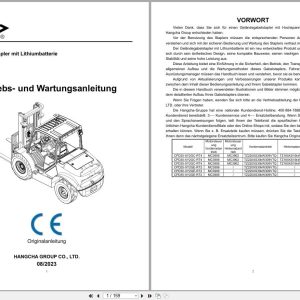 Hangcha X Series 2.5t 3.5t CPD25 XY2GC RT4 to CPD35 XY2GE RT2 Operation Maintenance Manual 2023 DE (1)