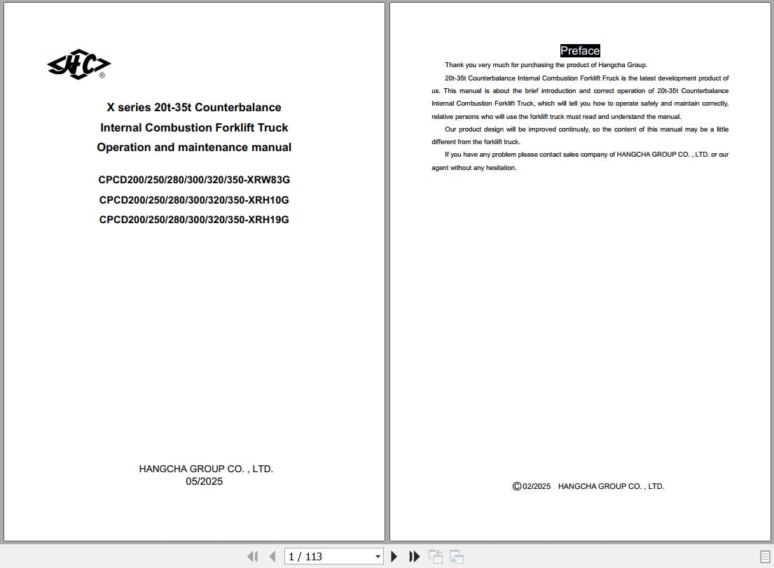 Hangcha X Series 20t 35t CPCD200 XRW83G to CPCD350 XRH19G Operation Maintenance Manual 2025 EN (1)