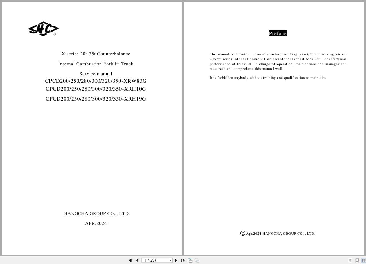Hangcha X Series 20t 35t CPCD200 XRW83G to CPCD350 XRH19G Service Manual 2024 EN (1)